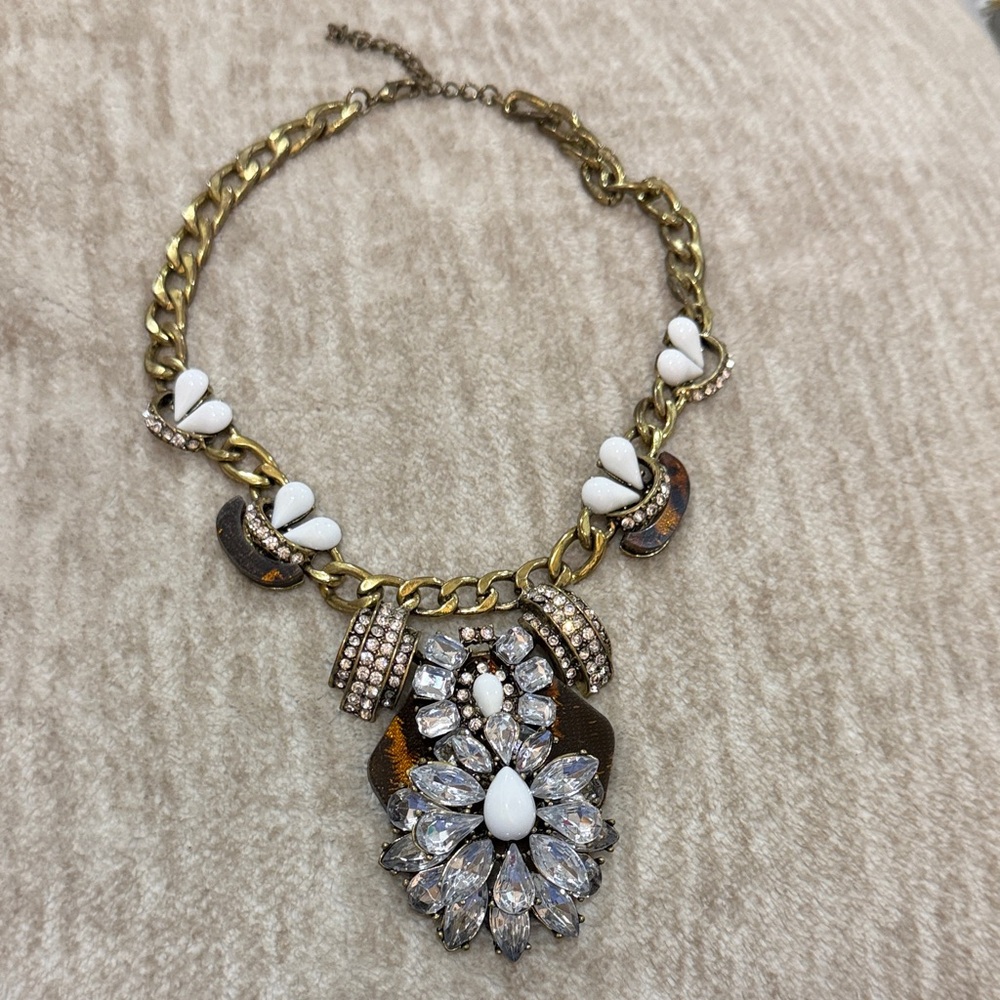 Statement White and Gold Floral Crystal Necklace
